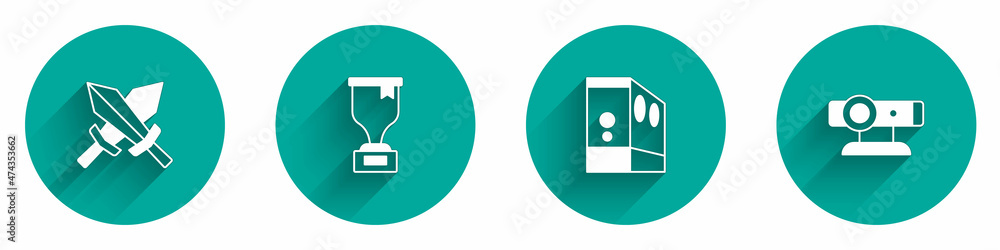Set Sword for game, Award cup, Case of computer and Web camera icon with long shadow. Vector Set Sword for game, Award cup, Case of computer and Web camera icon with long shadow. Vector