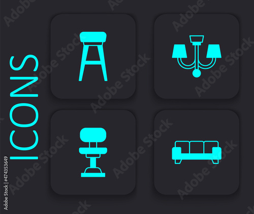 Set Sofa  Chair  Chandelier and Office chair icon. Black square button. Vector