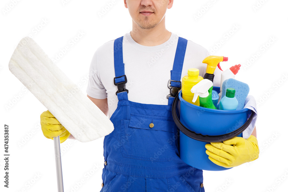 mop and bucket with cleaning equipment in male hands isolated on white background mop and bucket with cleaning equipment in male hands isolated on white background