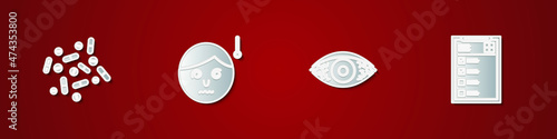 Set Medicine pill or tablet, High human body temperature, Reddish eye allergic conjunctivitis and Clinical record icon. Vector