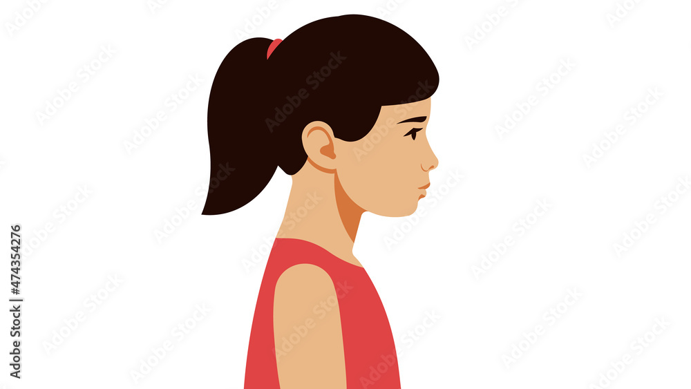 Little girl on white background. Close-up child on a white background, with a bang, in a red dress. Side view. Portrait. Template. Little girl on white background. Close-up child on a white background, with a bang, in a red dress. Side view. Portrait. Template.