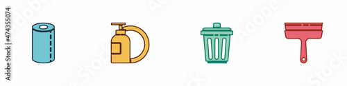 Set Paper towel roll, Dishwashing liquid bottle and plate, Trash can and Rubber cleaner for windows icon. Vector