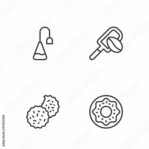 Set line Donut, Cookie or biscuit, Tea bag and Spatula with coffee grain icon. Vector