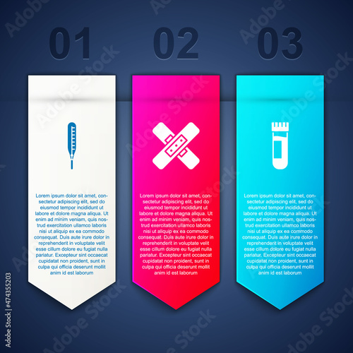 Set Medical thermometer, Crossed bandage plaster and Test tube with blood. Business infographic template. Vector