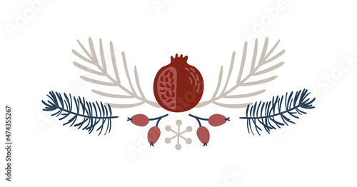 Christmas Hand Drawn branch and garnet Vector Border divider. Design Elements Decoration Wreath and Holidays symbol with Flower and berries scandinavian branches