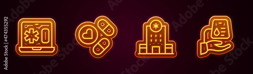 Set line Clinical record on laptop, Medicine pill tablet, Hospital building and Blood donation. Glowing neon icon. Vector