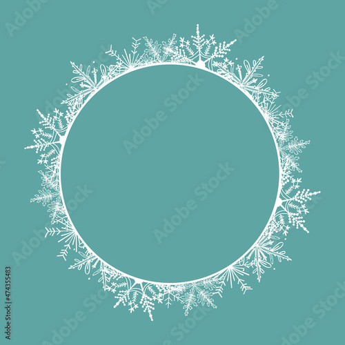 Frame. Round white frame made of snowflakes. Perfect for decorating social networks, photos and text. Christmas frame. Vector.