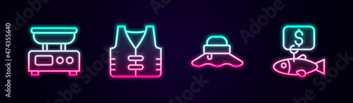 Set line Electronic scales, Fishing jacket, Fisherman hat and Price tag for fish. Glowing neon icon. Vector