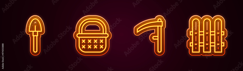 Set line Shovel, Wicker basket, Scythe and Garden fence wooden. Glowing neon icon. Vector Set line Shovel, Wicker basket, Scythe and Garden fence wooden. Glowing neon icon. Vector