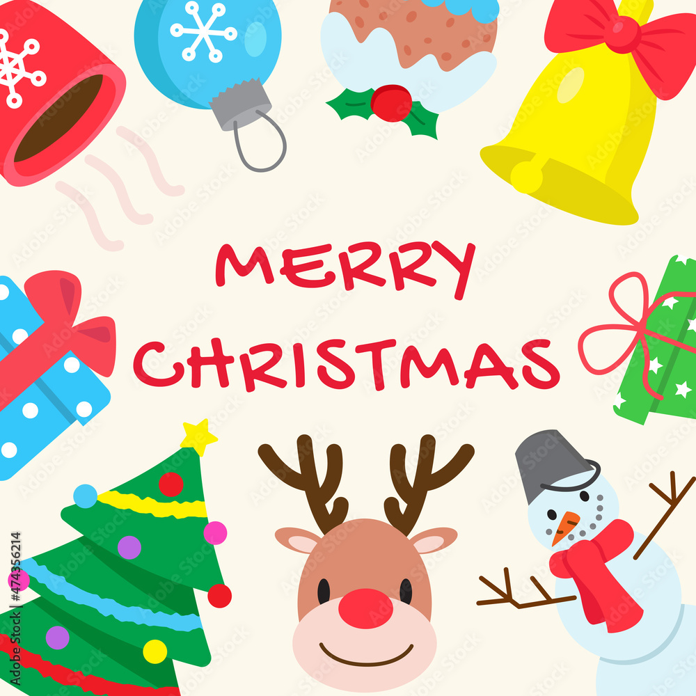 Fototapeta premium Happy holidays, card with different design elements. Merry Christmas and happy New Year print. Frame of clip arts. Print for seasonal decoration, banners, stickers, poster, flyer, invitation . 