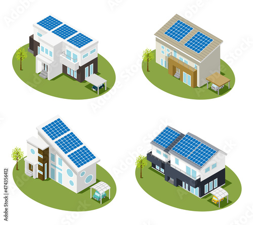 太陽光パネルを備えたモダンな住宅　4種セット