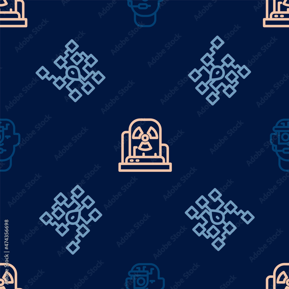 Set line Smart glasses on spectacles, Neural network and Radioactive warning lamp on seamless pattern. Vector Set line Smart glasses on spectacles, Neural network and Radioactive warning lamp on seamless pattern. Vector