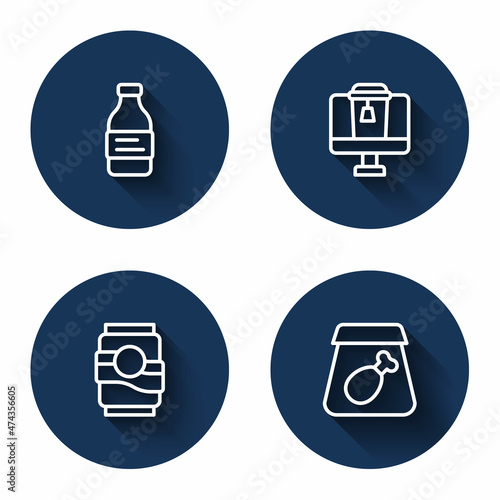 Set line Bottle of water, Online ordering food, Soda can and meal with long shadow. Blue circle button. Vector