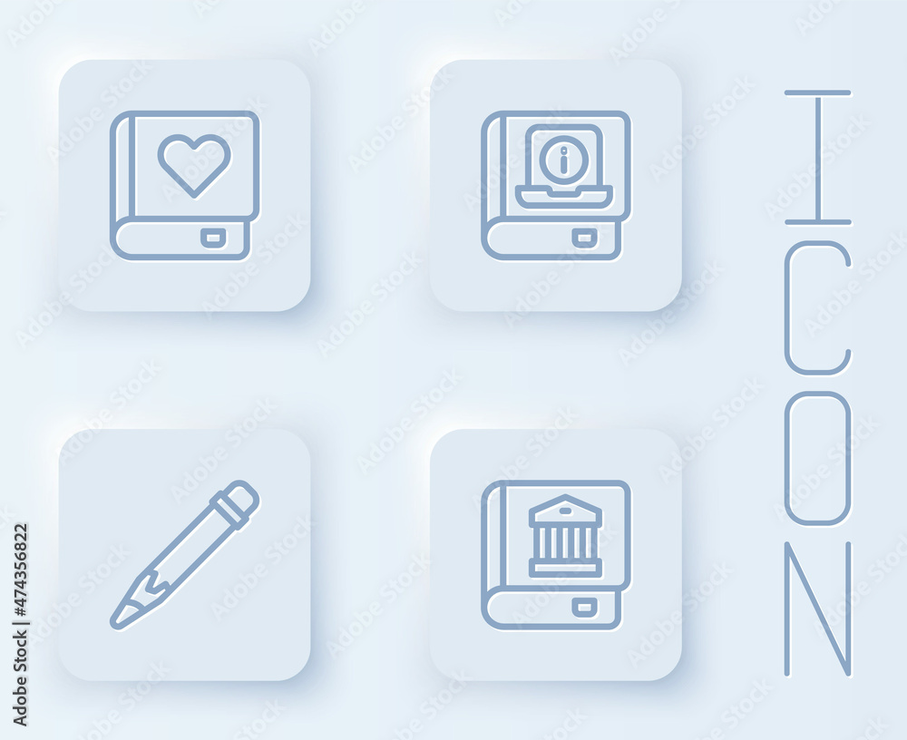 Set line Romance book, User manual, Pencil with eraser and Law. White square button. Vector Set line Romance book, User manual, Pencil with eraser and Law. White square button. Vector