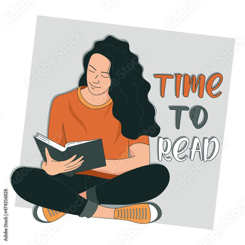 A beautiful girl is sitting and reading a book. Time to read. Studies. Vector illustration