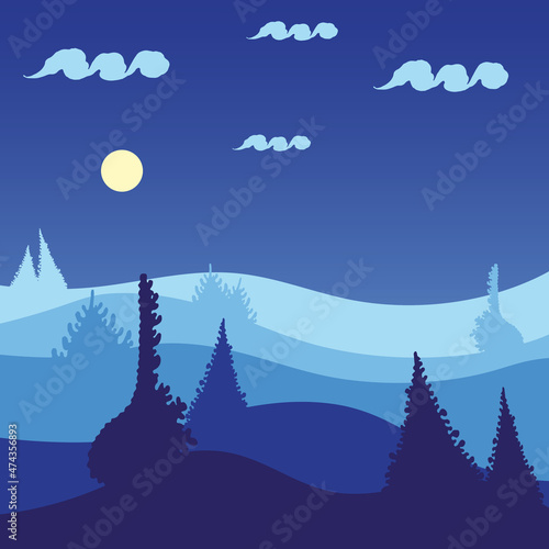 Blue Square Winter Landscape. Snow hills with Christmas trees, moon and sky with clouds. New Year's background. Flat illustration for web banner, postcard, printing on things. Northern country nature.