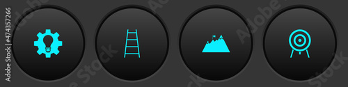 Set Light bulb and gear, Stair with finish flag, Mountains and Target icon. Vector
