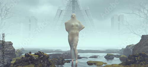 Canvas Print Woman Creepy Swan Lake Cyber Punk Transparent Shrink Wrap Model Water Beach 3d i