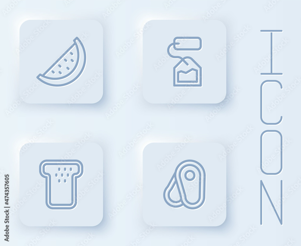Set line Watermelon, Tea bag, Bread toast and Steak meat. White square button. Vector Set line Watermelon, Tea bag, Bread toast and Steak meat. White square button. Vector