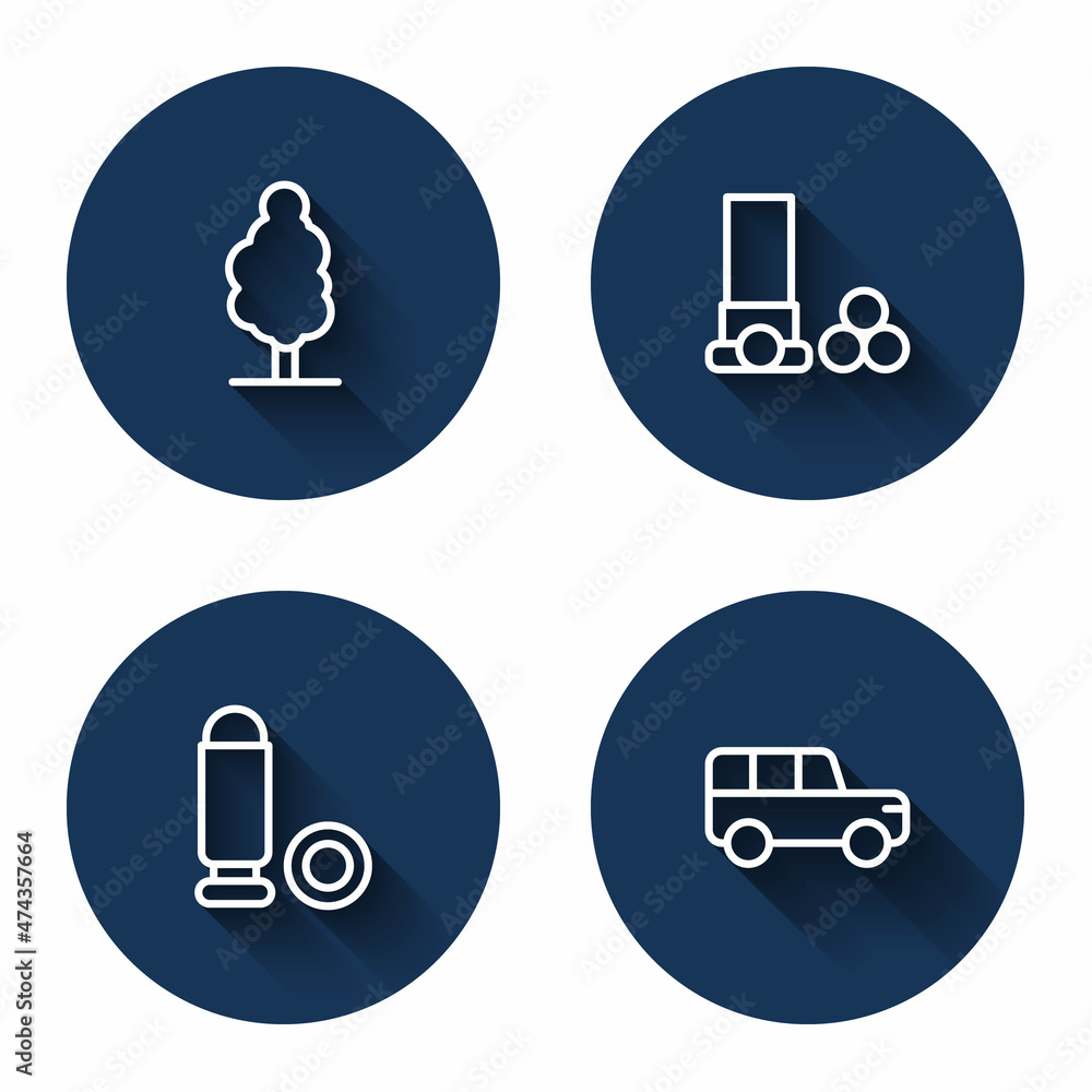 Set line Tree, Cartridges, Bullet and Safari car with long shadow. Blue circle button. Vector Set line Tree, Cartridges, Bullet and Safari car with long shadow. Blue circle button. Vector