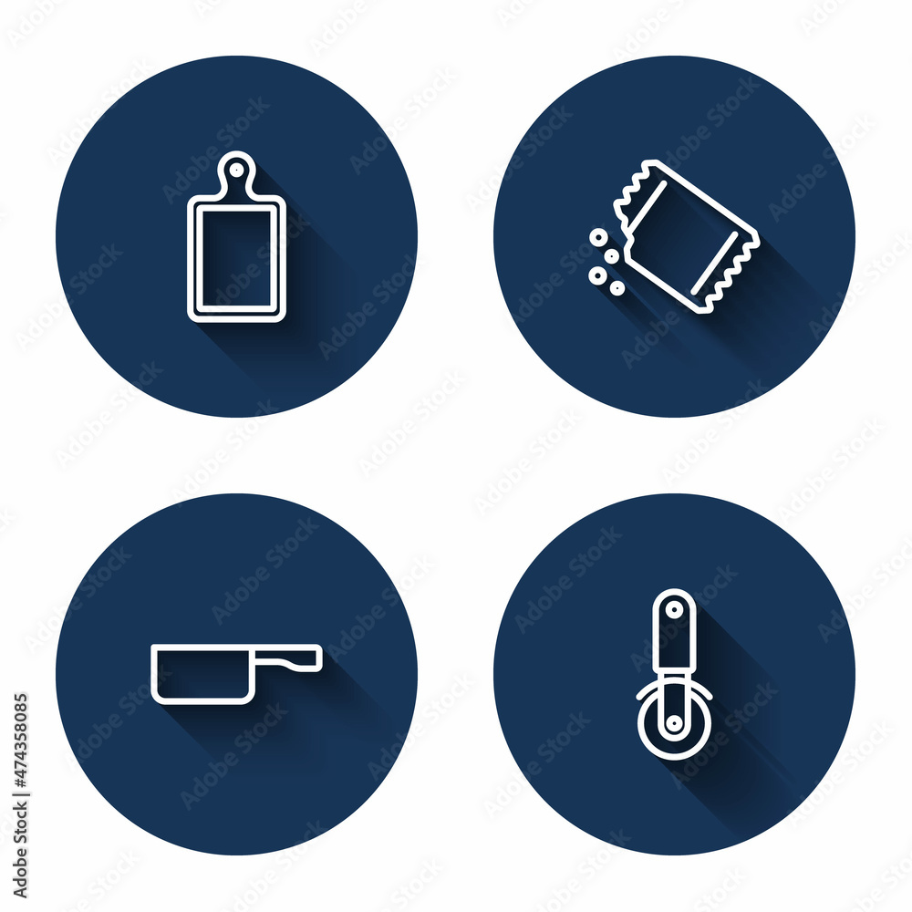 Set line Cutting board, Packet of pepper, Frying pan and Pizza knife with long shadow. Blue circle button. Vector Set line Cutting board, Packet of pepper, Frying pan and Pizza knife with long shadow. Blue circle button. Vector