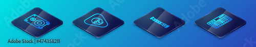 Set Isometric line Flute, Stereo speaker, Music synthesizer and Guitar pick icon. Vector