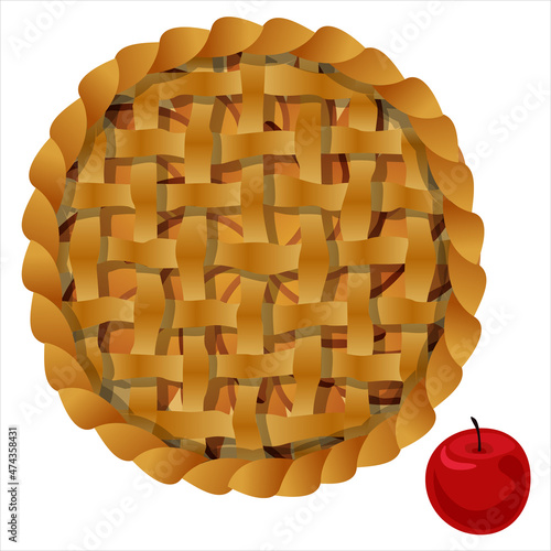 Vector apple pie top view illustration isolated on white background.