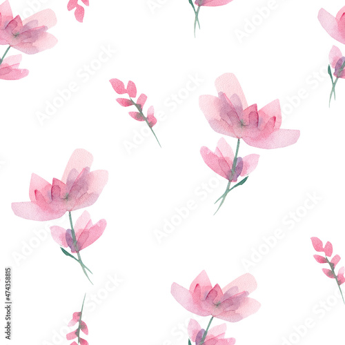 Watercolor hand drawn seamless pattern with pink flowers and buds on a white background. Watercolor illustration. Good for weddings  invitations  cards  business cards  fabrics  designs.