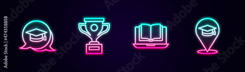 Set line Graduation cap in speech bubble, Award cup, Online class and education. Glowing neon icon. Vector