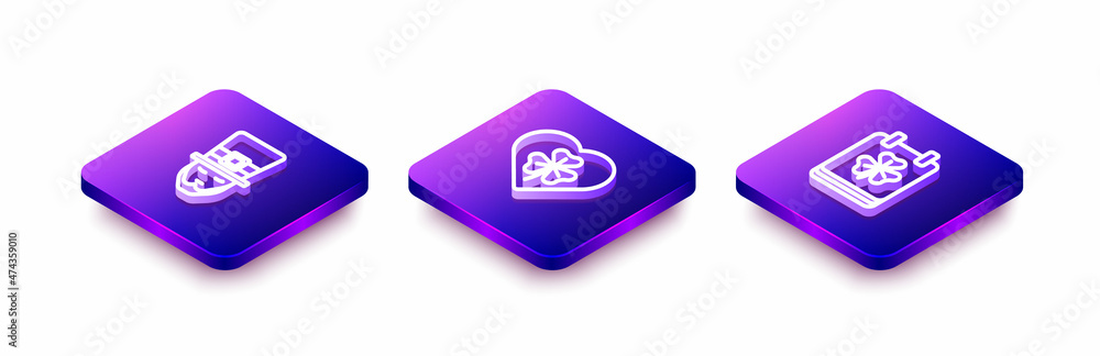 Set Isometric line Leprechaun, Heart with clover trefoil leaf and Saint Patricks day calendar icon. Vector Set Isometric line Leprechaun, Heart with clover trefoil leaf and Saint Patricks day calendar icon. Vector