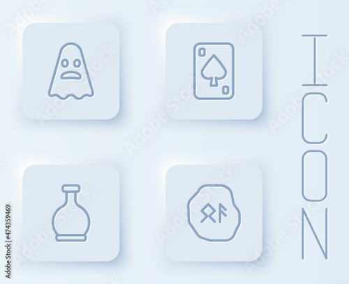 Set line Ghost  Playing cards  Bottle with potion and Magic runes. White square button. Vector