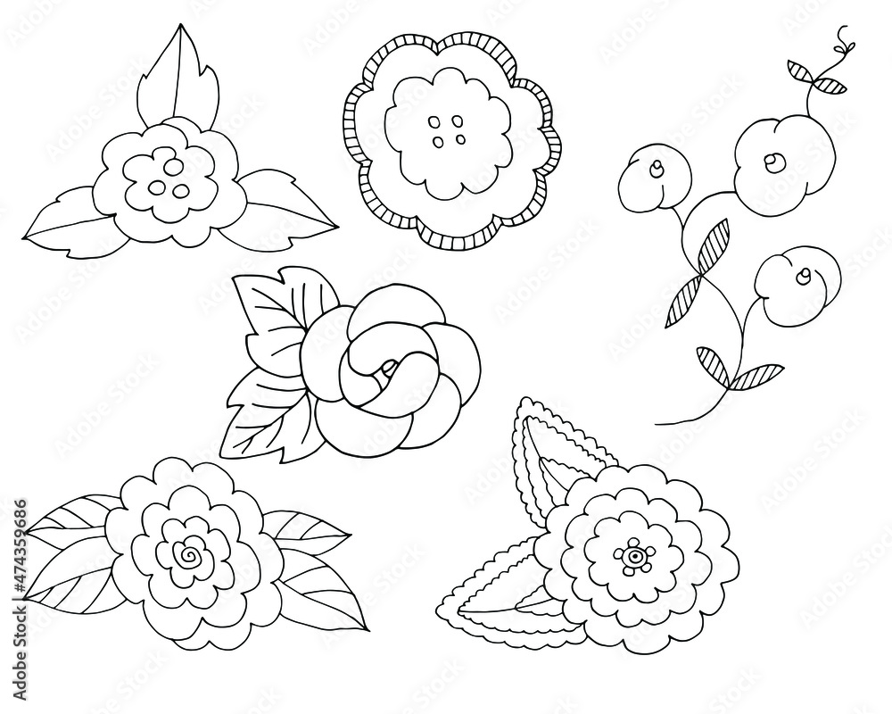 a set of vector graphic drawings of flowers and leaves in an ethnic style a set of vector graphic drawings of flowers and leaves in an ethnic style