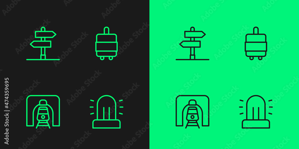 Set line Flasher siren, Train in railway tunnel, Road traffic sign and Suitcase icon. Vector Set line Flasher siren, Train in railway tunnel, Road traffic sign and Suitcase icon. Vector