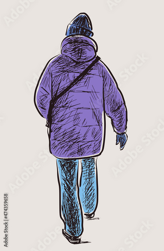 Hand drawing of casual townsman in jacket walking outdoors