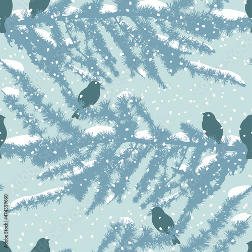 Seamless background of silhouettes birds sitting on fir branches on snowy frosty winter day
