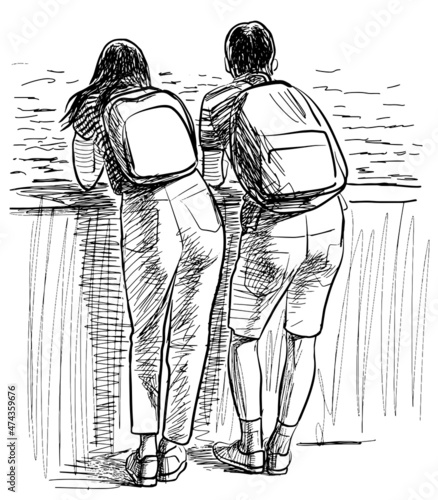 Sketch of couple students standing on river embankment together for rest