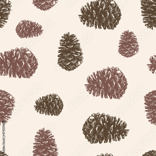 Seamless background from drawn brown fir cones