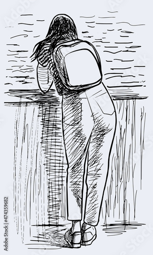 Sketch of student girl standing on river embankment for rest