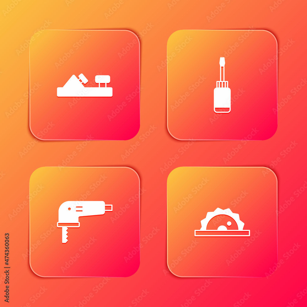 Set Wood plane tool, Screwdriver, Electric jigsaw and circular icon. Vector Set Wood plane tool, Screwdriver, Electric jigsaw and circular icon. Vector