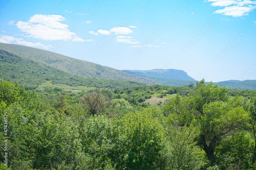 View from the mountain to the green valley with hills and forests on a summer day