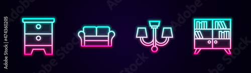 Set line Furniture nightstand, Sofa, Chandelier and Library bookshelf. Glowing neon icon. Vector