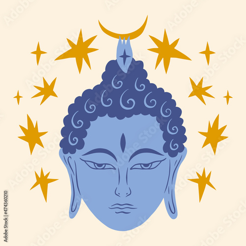 Buddha face esoteric moon vintage Indian Thai Indonesia Buddhism spiritual yoga zen concept handdrawn vector illustration