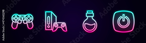 Set line Game controller or joystick, console with, Bottle magic elixir and Power button. Glowing neon icon. Vector