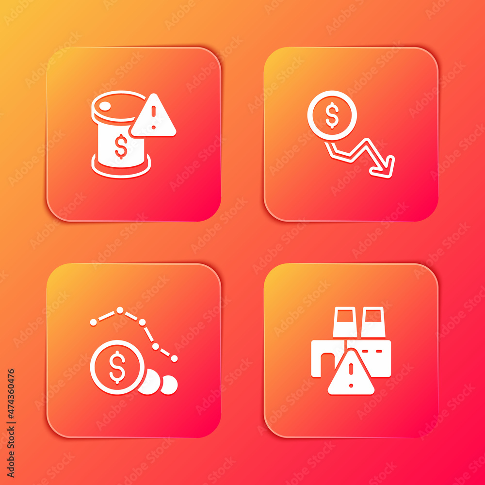 Set Drop in crude oil price, Dollar rate decrease, and Shutdown of factory icon. Vector Set Drop in crude oil price, Dollar rate decrease, and Shutdown of factory icon. Vector