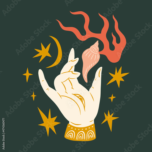 Mudra hand asian traditional boho illustration handdrawn style art vector