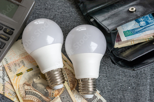 Light bulb with Polish money. Energy saving concept, electricity bill