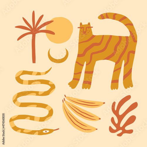Doodle wild african animals childish cartoon groovy boho illustration naive funky handdrawn style art vector