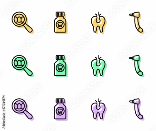 Set line Broken tooth, Dental search, Toothache painkiller tablet and drill icon. Vector