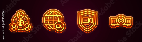 Set line Meeting, Video chat conference, and Movie, film, media projector. Glowing neon icon. Vector