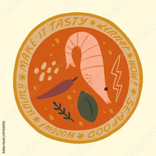 Tom Yam handdrawn cartoon asian Thai food illustration dish seafood ingredients plate vector